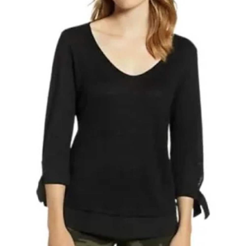 Sanctuary Black Linen Bow Tie Sleeve Contrast Hem V-Neck Top
